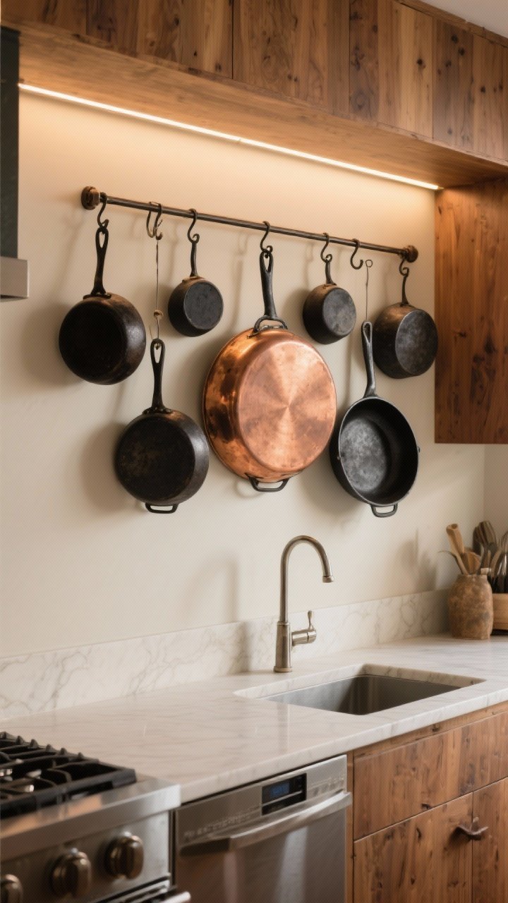 A dramatic, photorealistic wide shot of a kitchen feature wall with an artful cluster of repurposed pots and pans: a central oversized copper pan flanked by smaller cast iron skillets and blackened steel pieces; mounted on sturdy hooks into studs, with a renter-friendly rail and S-hooks below; an LED strip above washes the display with a subtle museum-style glow; warm woods and creamy walls for a curated chef’s-kitchen vibe.