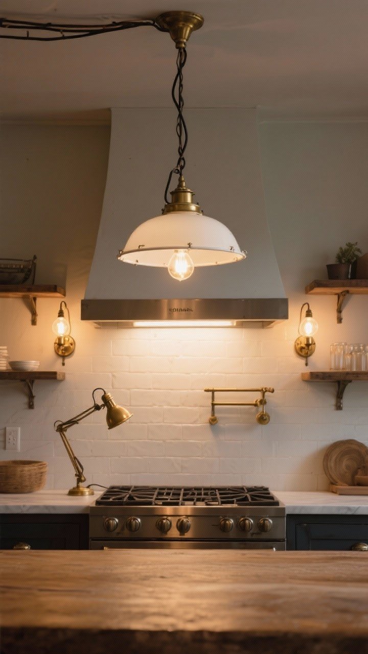 A dramatic, wide, straight-on shot of a kitchen illuminated by vintage lighting. A milk-glass schoolhouse pendant centers the space, brass sconces flank open shelves, and an industrial task lamp discreetly retrofitted as an under-cabinet light glows on the backsplash. Bulbs are warm (around 2700–3000K), creating instant atmosphere. Cords and canopies look newly rewired and secure. Overall mood: inviting and timeless.