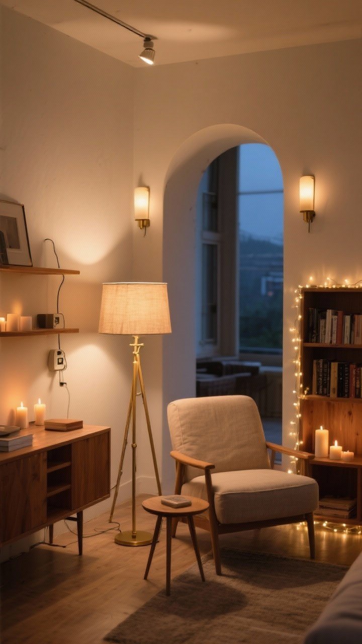A medium, corner-angle shot of a studio living area at dusk featuring layered, warm lighting: a brass floor lamp with a 2700K warm-toned bulb beside a linen armchair, a small table lamp with a linen shade on a shelf, plug-in sconces flanking an arched doorway, and soft string lights draped along a bookcase; add a few LED candles on a side table; lights placed at varied heights (desk, shelf, floor) creating a soft, cozy glow; no overhead lights on; neutral palette with warm wood accents; photorealistic, no people.