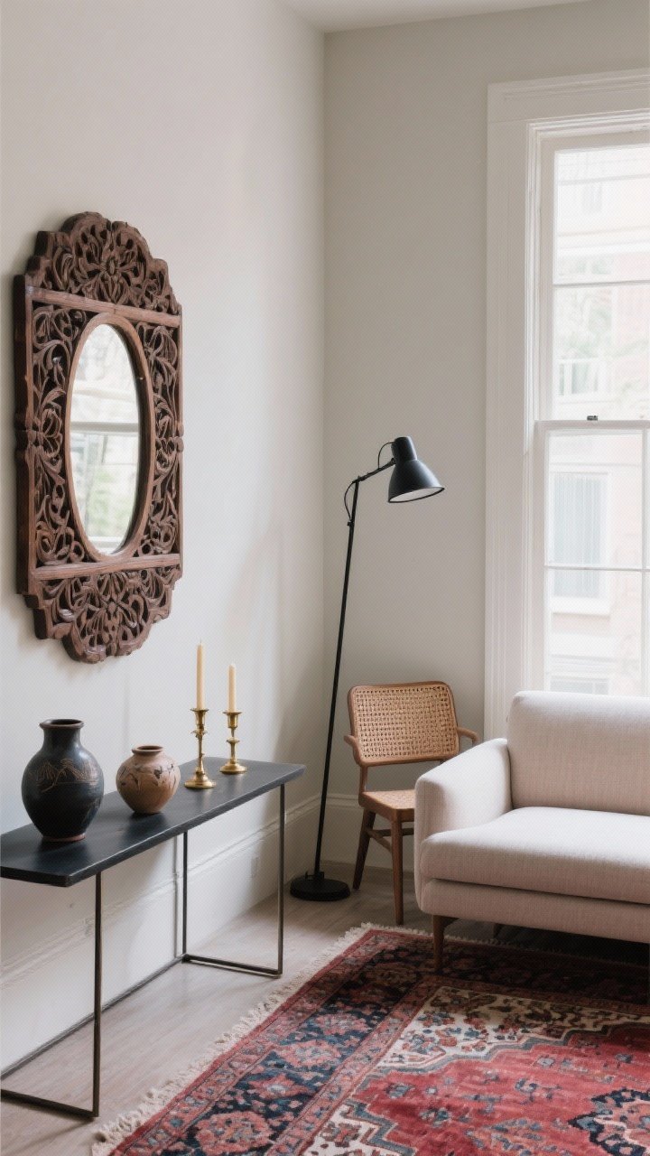 A medium corner shot mixing old and new without chaos: a streamlined mid-century sofa in neutral linen, a vintage Persian rug in muted reds and blues, a modern black metal floor lamp with clean lines, and artisan pottery on a slim console; add a carved wood vintage mirror and a cane accent chair, plus a pair of brass candlesticks on the console; balanced palette with charcoal and dusty rose accents; soft window light for a collected-over-time feel.