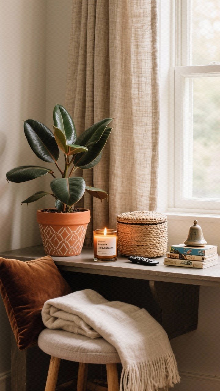 A medium lifestyle vignette of finishing touches on a console by a window: a rubber plant in a terracotta planter with subtle pattern, a lit candle labeled with notes of amber, sandalwood, and fig in a pretty reusable jar, a woven lidded basket for remotes, and a small stack of travel mementos including a ceramic bell; textiles swapped seasonally—folded linen throw in light neutral on a stool, a deeper velvet pillow nearby; curtain panel in textured linen hung high and wide; warm, cozy glow.