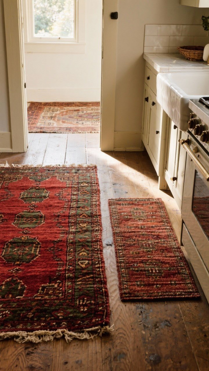 A medium perspective from the kitchen doorway showing layered vintage rugs warming the floor. A wool or flatweave runner in deep reds and earthy greens lies in front of the sink, paired with a smaller coordinating rug near the stove—both sharing the same color family. Visible low-profile rug pads for safety. Natural late-afternoon light enhances the pile and pattern, with a few subtle, lived-in marks that the pattern disguises. Angle captures texture and layered soul.