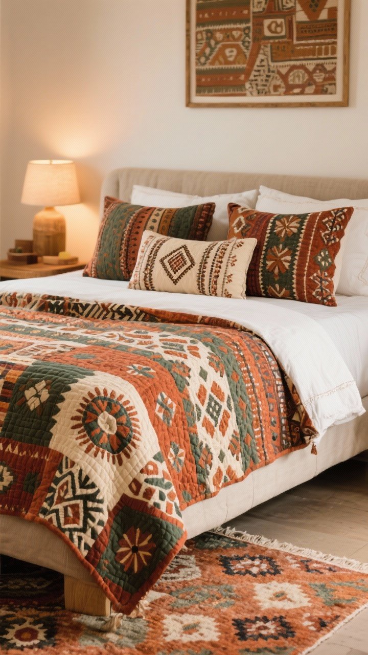 A medium shot focused on pattern mixing across the bed: a large-scale statement quilt or duvet with bold boho print, medium-scale euro shams in complementary hand-block or suzani motif, and a small-scale embroidered geometric lumbar pillow; cohesive color story repeating 3–4 hues (rust, olive, terracotta, cream) echoed in a nearby rug and framed art; balanced, intentional pattern play under warm ambient light.