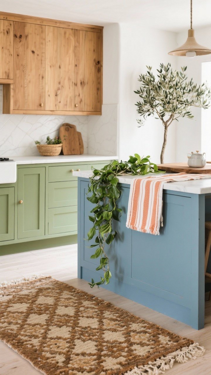 A medium shot highlighting soft, earthy color pops: sage green base cabinets paired with muted blue on the island, terracotta-striped or ticking linens draped as tea towels and a table runner, a patterned rug in earthy tones underfoot; a trailing pothos and a small olive tree adding life; warm wood accents and soft white walls keep it grounded; straight-on, daylight scene.