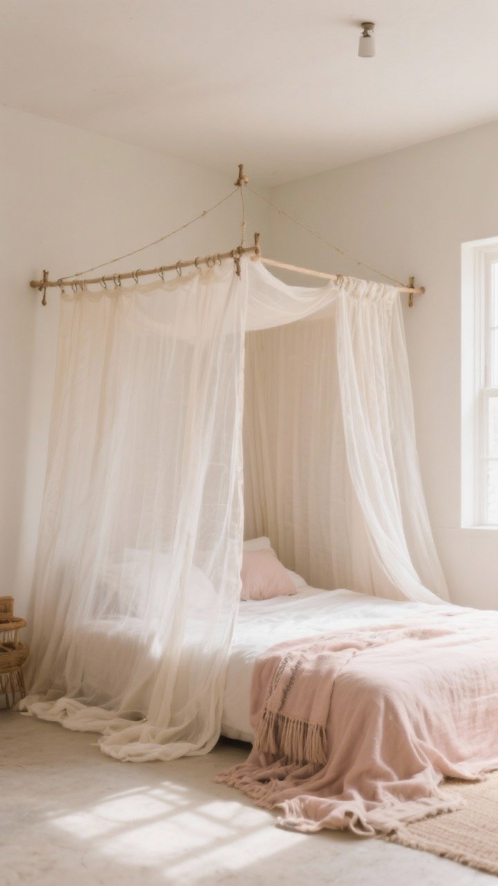 A medium shot of a bohemian bedroom corner featuring a simple DIY canopy made from ceiling hooks and curtain wire, draped with ultra-sheer gauzy voile in off-white that puddles slightly on the floor; the fabric hangs loosely at the corners for relaxed movement, with soft natural daylight filtering in; neutral palette with sand and soft blush accents, no visible canopy frame, rental-friendly removable hooks visible near the ceiling; photorealistic, cozy, airy mood.