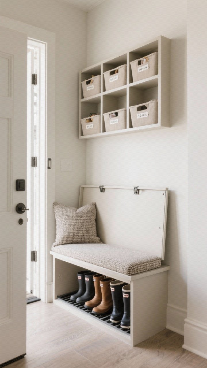 A medium shot of a narrow entry with a storage bench: clean-lined, 12–14 inch deep silhouette in a light neutral finish, layered with a performance tweed cushion matching the wall color; bench features a mix of cubbies with labeled bins for each person and an open lower shelf with a boot tray for rainy-day pairs; lift-top slightly ajar hinting at bulky boots inside; soft, even daylight, airy and organized vibe, photorealistic.