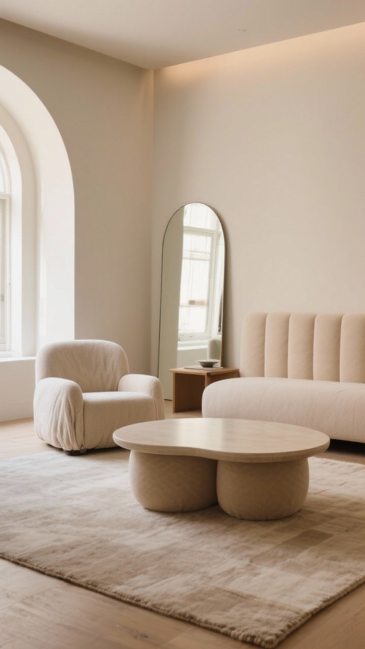 A medium shot of a studio seating area emphasizing rounded, human-friendly shapes: a curved-edge coffee table or round upholstered ottoman centered on a neutral rug, an arched mirror on the wall bouncing light, and a soft upholstered headboard visible in the background zone; gentle, warm lighting; minimal sharp angles; add a slipcovered accent chair to reinforce softness; cozy, inviting mood; straight-on perspective.