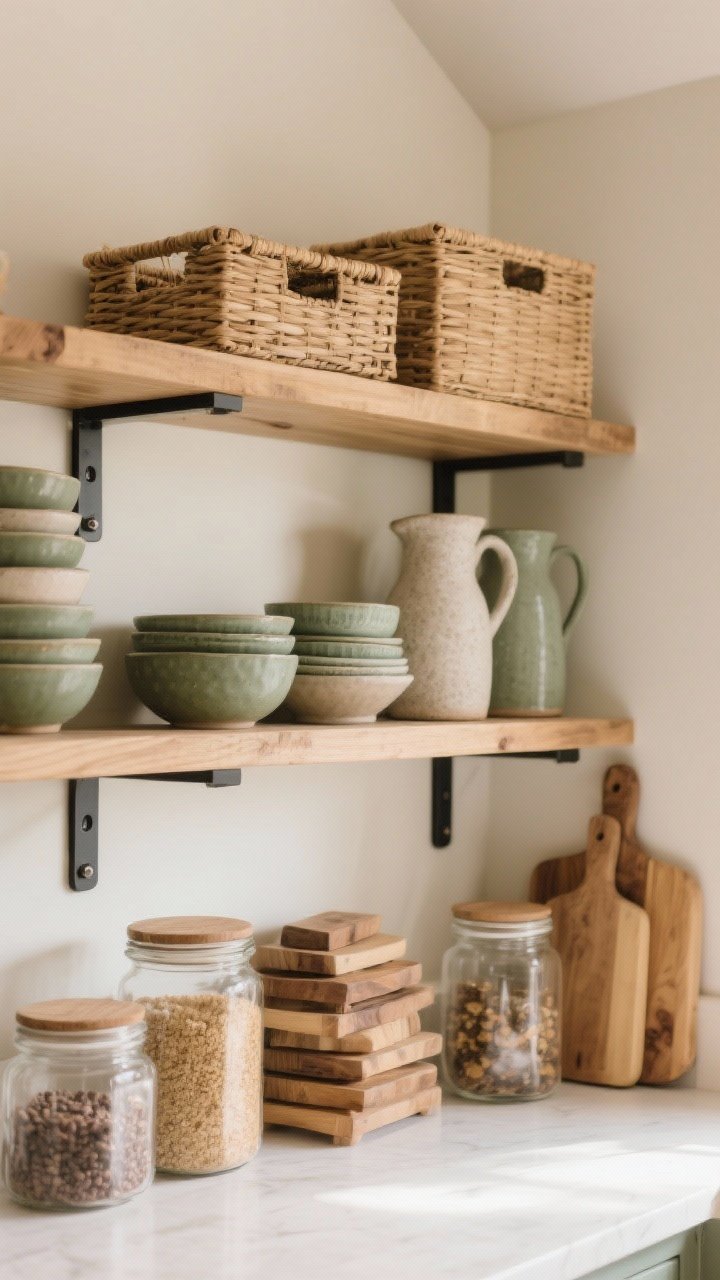 A medium shot of open kitchen shelving styled serenely: chunky wood shelves with black brackets, a restrained palette of creams, natural woods, and muted greens; neatly stacked bowls, stoneware pitchers, clear glass jars with pantry staples, and layered wood cutting boards; lidded baskets on the top shelf for hidden storage; intentional breathing room between objects, angled corner perspective with soft natural light.