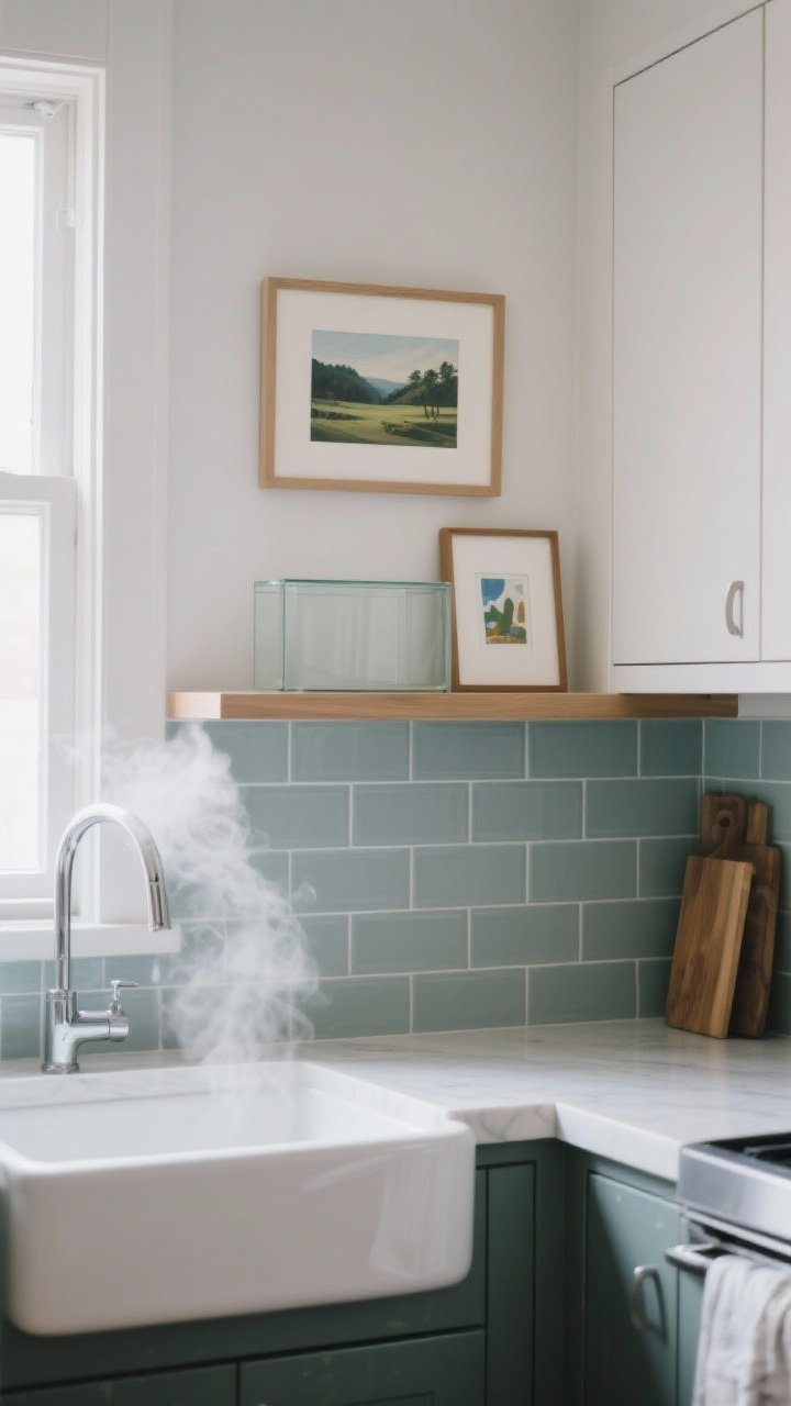 A medium shot of unexpected art placement in the kitchen: a small framed landscape hanging above the sink, another petite framed piece on the end of a cabinet, and a tiny artwork under an open shelf for layered depth. All art pieces have glass fronts for easy wipe-downs. Subtle steam haze near the sink, but no people. Balanced composition with cool daylight bouncing off tile, giving the room a lived-in, “room not workspace” mood.