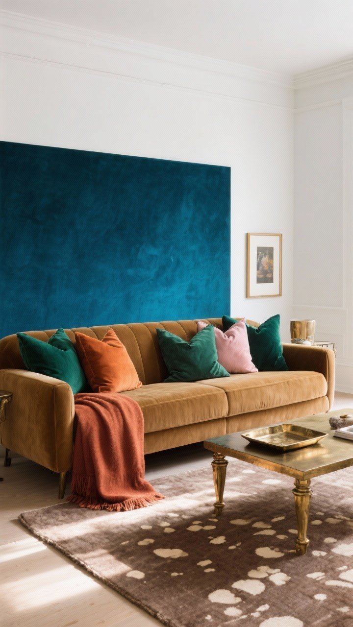 A medium, straight-on living room vignette showcasing a curated color story: creamy white walls with a single moody accent wall behind the sofa in deep peacock blue, a camel velvet sofa anchored by a mushroom taupe rug, pillows repeating a hero hue of emerald and terracotta, olive and dusty rose accents, aged brass metallic touches via a small tray and picture frame, and a throw in rust; warm afternoon light, no clutter, collected not chaotic.