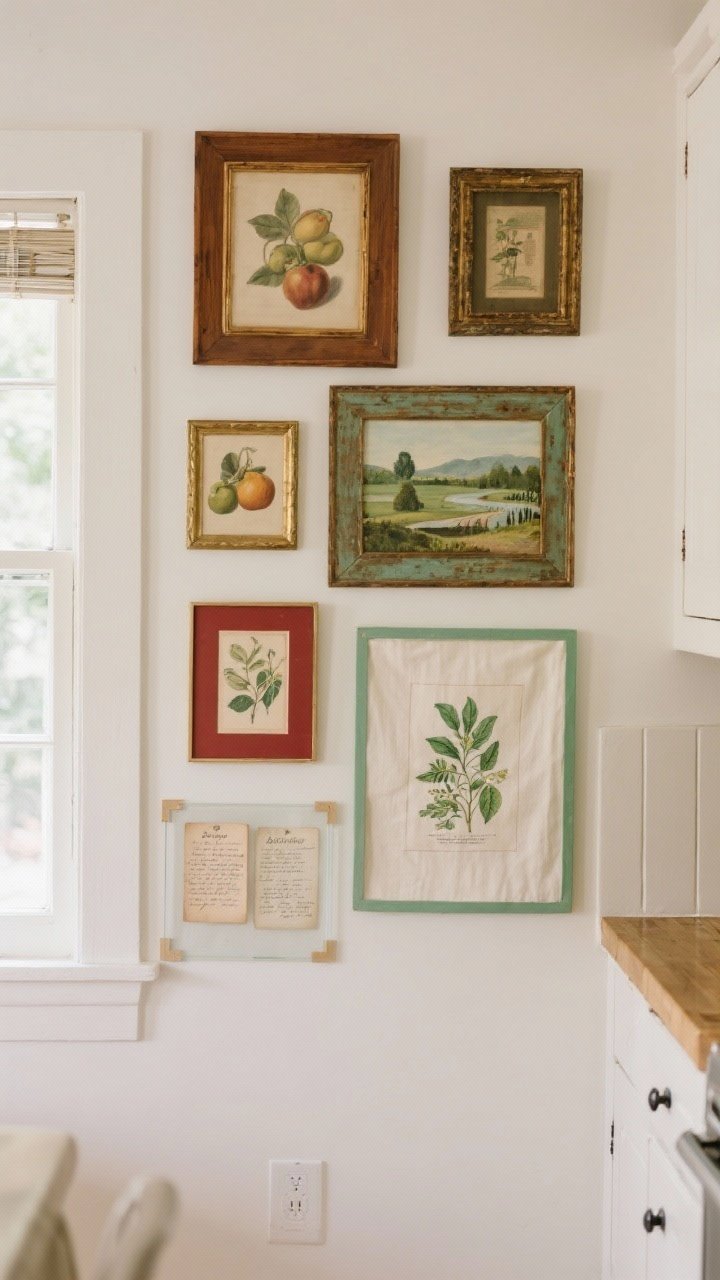 A medium, straight-on shot of a cozy kitchen gallery wall curated like a personal museum: vintage frames with patina in mixed finishes (warm wood, aged brass, and painted frames), small-scale art including fruit still lifes, a tiny landscape, and a mid-century illustration, plus framed botanical prints and a neatly framed tea towel. Include a couple of old handwritten recipe cards framed under glass. Keep a loose color story of earthy greens, muted reds, and creamy whites. Use soft natural window light with gentle shadows, and show Command-strip placement hints (subtle gaps) for an adjustable, intentional collage look.