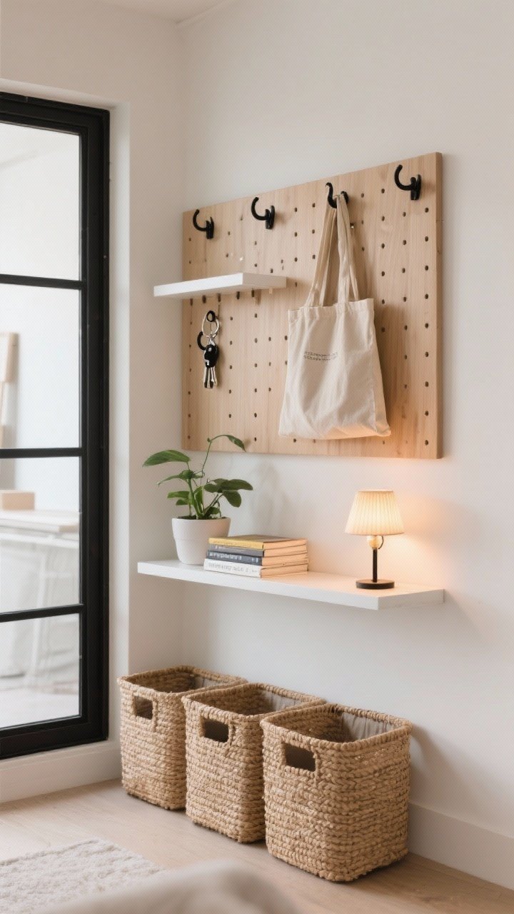 A medium, straight-on shot of a freshly decluttered small living nook: a slim wall-mounted pegboard with matte black hooks holds keys and a canvas tote; a couple of narrow white floating shelves display a single potted plant, a short stack of books, and a small table lamp with a warm bulb; matching woven natural-fiber bins line the bottom shelf for hidden storage; surfaces are mostly clear to emphasize negative space; neutral palette with warm wood accents and black frames; soft natural daylight for an airy, calm mood.