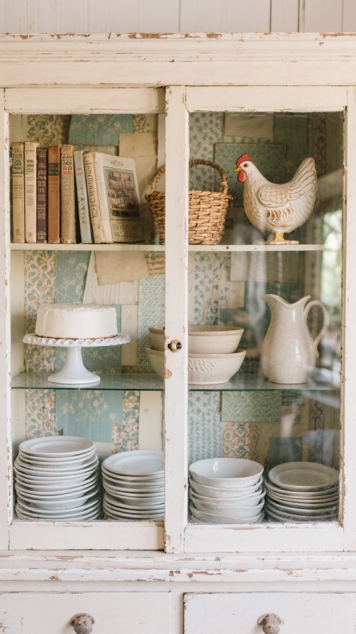A medium, straight-on view of a thrifted glass-front hutch styled like a boutique display. Base layer: neatly stacked everyday white plates and stoneware bowls. Middle layer: a white cake stand, a ceramic pitcher, and nesting mixing bowls. Top layer: woven baskets, a few well-worn cookbooks, and one quirky ceramic chicken. The hutch’s back is lined with soft-patterned vintage wallpaper scraps for personality. Natural daylight with mild reflections on the glass, creating an inviting shoplike feel.