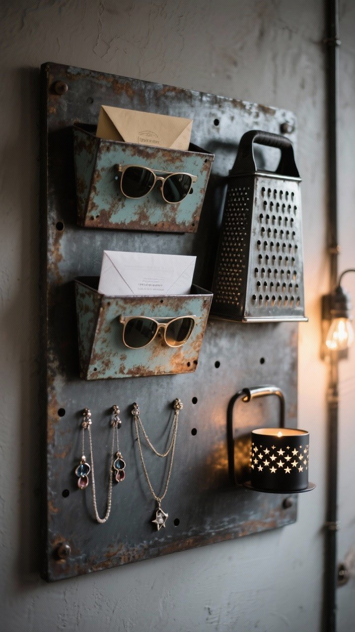 A moody, photorealistic medium shot of a wall-mounted board featuring inverted vintage box graters with aged patina used as organizers: one holds mail and sunglasses, another displays earrings threaded through holes and necklaces looped over handles; a third covers an LED votive creating starry perforated light; optional matte black spray finish on one grater contrasts with raw steel on others; industrial-chic vibe, side lighting to emphasize texture.