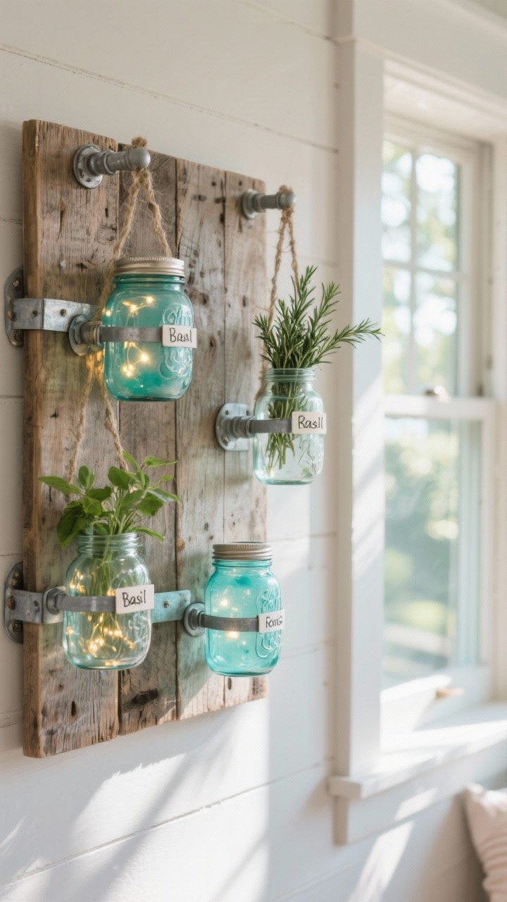 A photorealistic closeup of a trio of mason jar wall sconces mounted on reclaimed wood planks with galvanized pipe straps, jars subtly tinted sea-glass blue-green (Mod Podge + food coloring), warm battery fairy lights glowing inside; next to them, two hanging herb vases labeled basil and rosemary by a sunlit window; crisp textures of glass, wood grain, and metal, with gentle morning light.