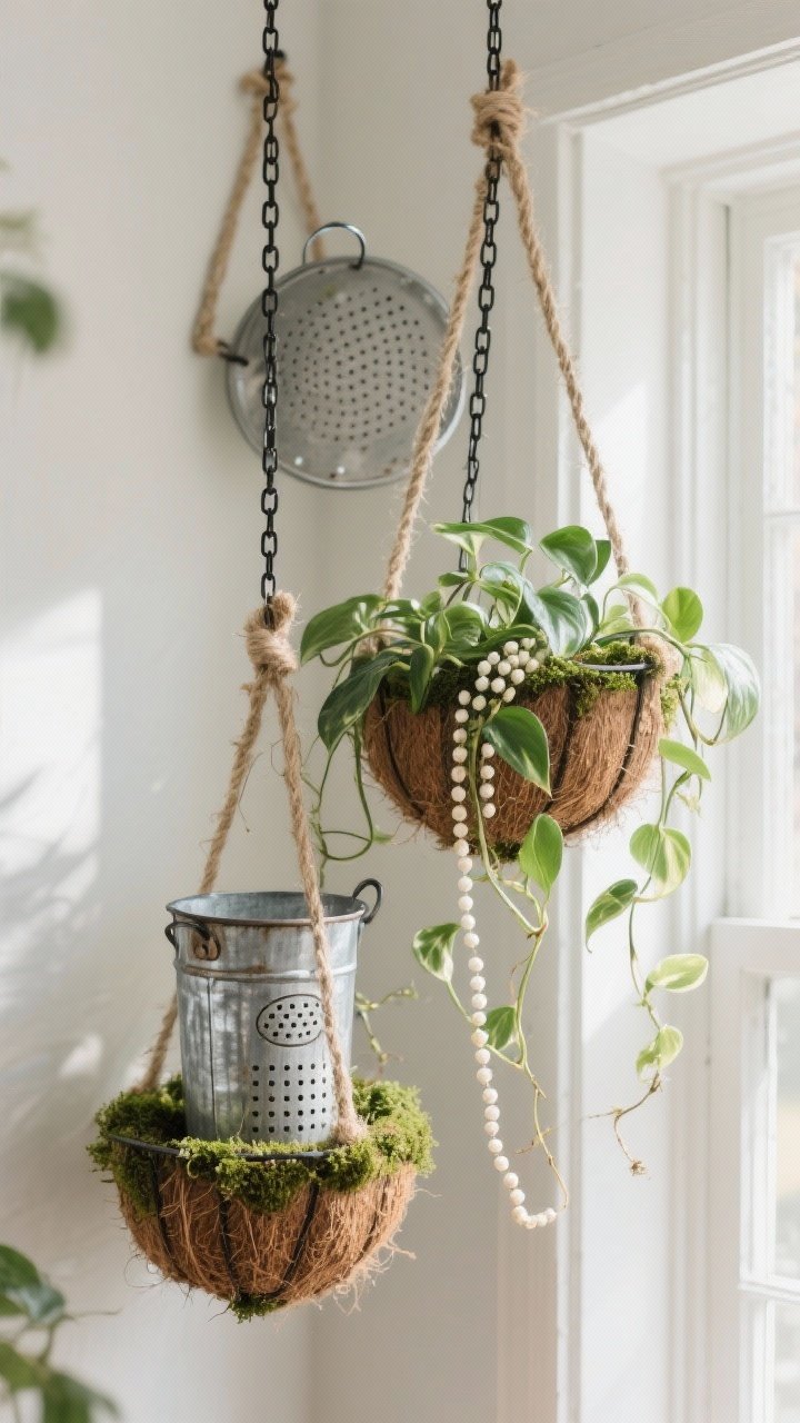 A photorealistic corner angle shot of hanging planters made from a vintage flour sifter and a metal strainer, lined with moss/coconut coir and planted with trailing pothos and string of pearls; suspended with jute twine and a slim black chain at staggered heights for layered drama; airy, rustic feel with gentle afternoon window light; a subtle clear sealant sheen visible on the metal.