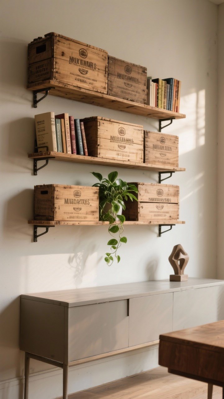 A photorealistic medium shot of a wall display using stacked vintage wine crates as shelving above a console: crates sanded and sealed to preserve logos, mounted with discreet L-brackets; each shelf styled in thirds—books on one side, a green plant in the middle, and a small sculptural object on the other; warm wood tones, subtle shadows, and natural daylight.