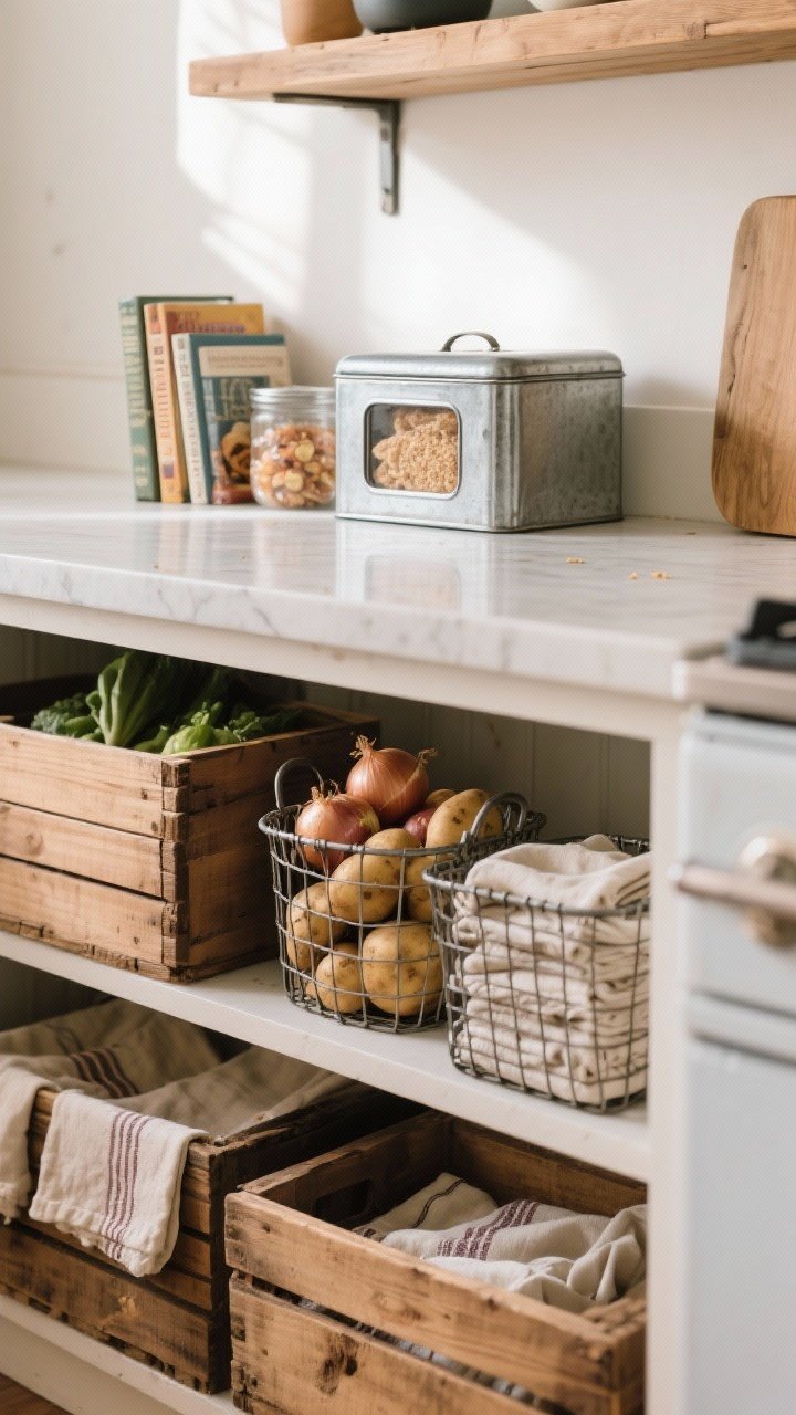 A practical storage-focused medium shot of a kitchen counter and lower shelf featuring vintage containers. A retro metal bread box conceals snacks, wooden crates hold produce and a few cookbooks, and wire baskets contain onions, potatoes, and folded linens. Crates are lined with natural linen or tea towels for a softer look and fewer crumbs. Soft daylight, gentle shadows, and visible textures of wood grain, metal mesh, and woven fibers.