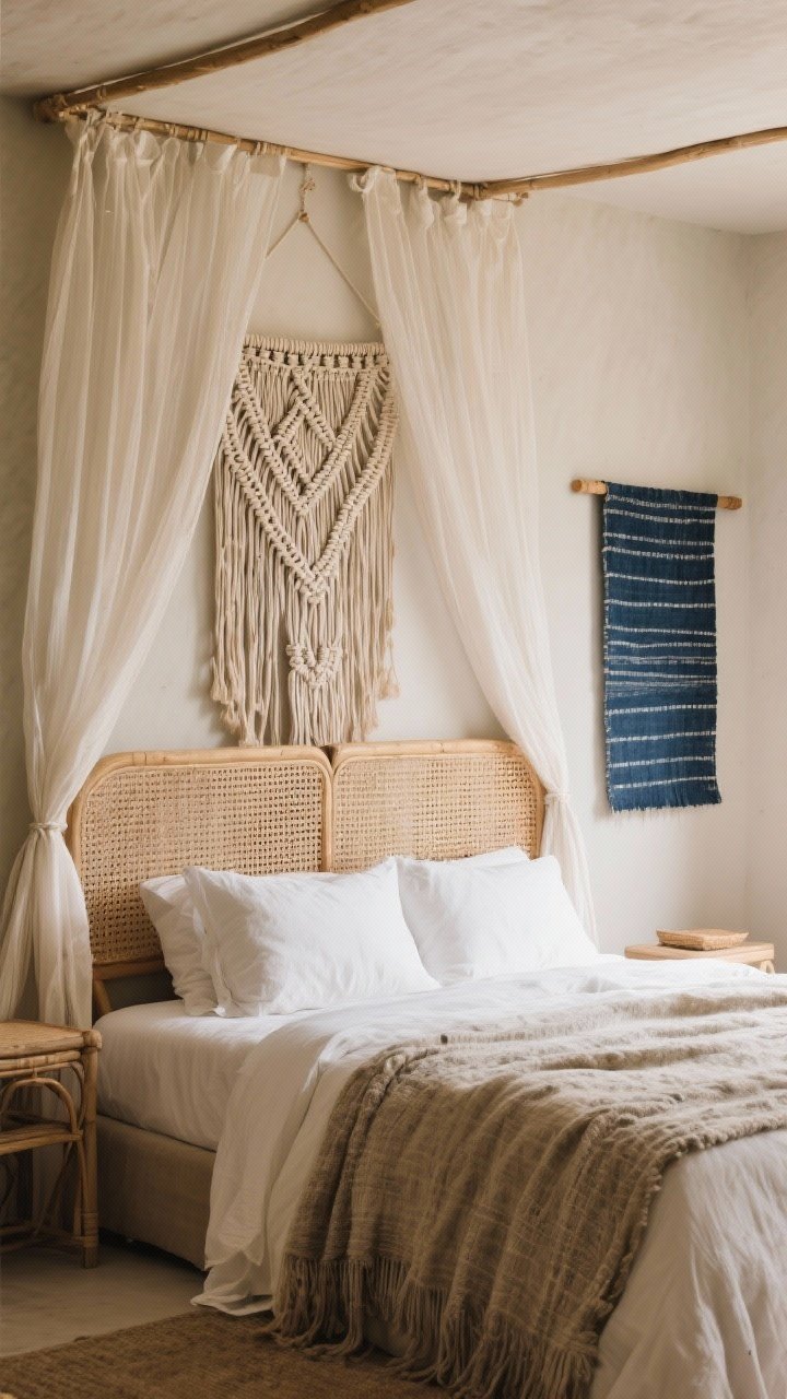 A straight-on medium shot of a canopy bed backed by a custom-looking headboard alternative: a large macramé wall hanging layered behind sheer canopy panels, paired with a lightweight rattan folding screen partially visible as a headboard; a fabric panel in indigo mudcloth framed on a rod sits to one side for character; textures read soft and artisanal, with the gauzy drapes adding depth; warm, diffused lighting.