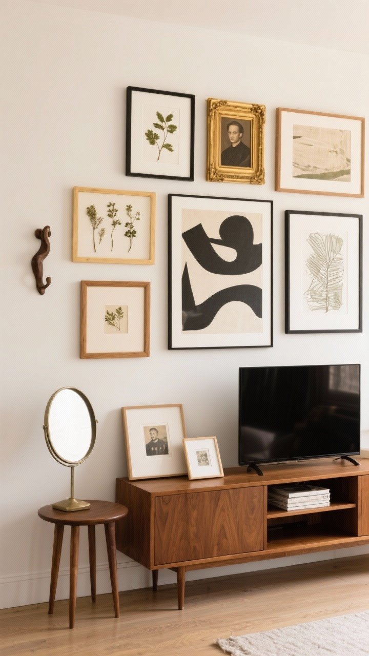 A straight-on medium shot of a cohesive gallery wall above a media console: one larger focal artwork slightly off-center, surrounded by a mix of abstract prints, a small vintage portrait, pressed botanicals, and a sculptural wall hook; frames in blonde wood, antique gold, and black, each repeated; a small framed piece leaning on the console, a tiny oval mirror hung above a side table, and two mini prints stacked near the TV to soften its presence; warm, even daylight.