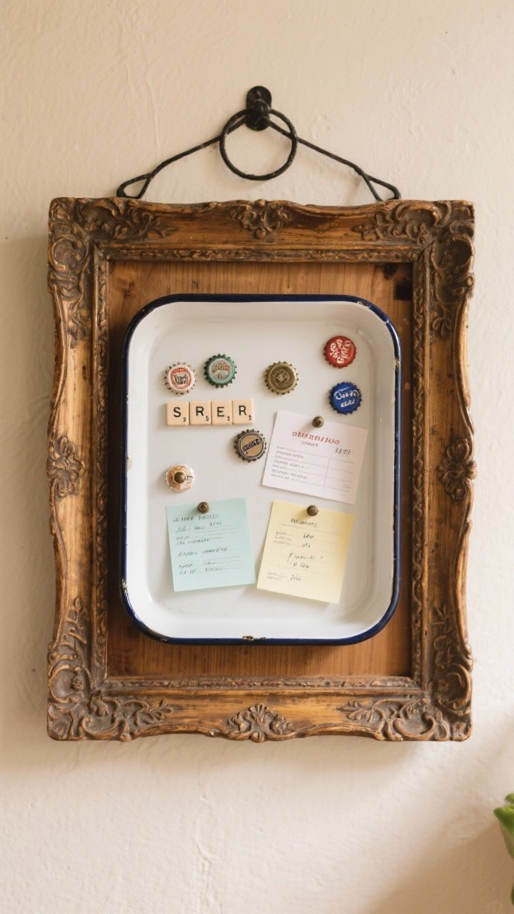 A straight-on medium shot of an enamelware baking tray set inside a thrifted ornate wooden frame (no glass), functioning as a magnetic command center; handmade magnets from bottle caps, tiny knobs, and scrabble tiles pin notes, menus, and invites; mounted with Command strips for a renter-friendly look; creamy wall backdrop, warm woods, and black metal accents echo the timeless palette; soft, even daylight.