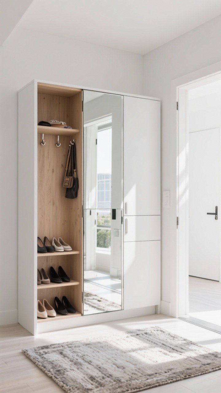 A straight-on medium shot of the mirror-plus setup: a full-length mirror armoire with concealed storage inside (hooks and shelves for flats and accessories) next to a narrow cabinet aligned to read as one sleek unit; mirrored cabinet doors that amplify light; entry rug laid at a slight angle drawing the eye toward the mirror; neutral palette with soft white walls and light wood accents; bright, reflective daylight, polished modern feel, photorealistic.