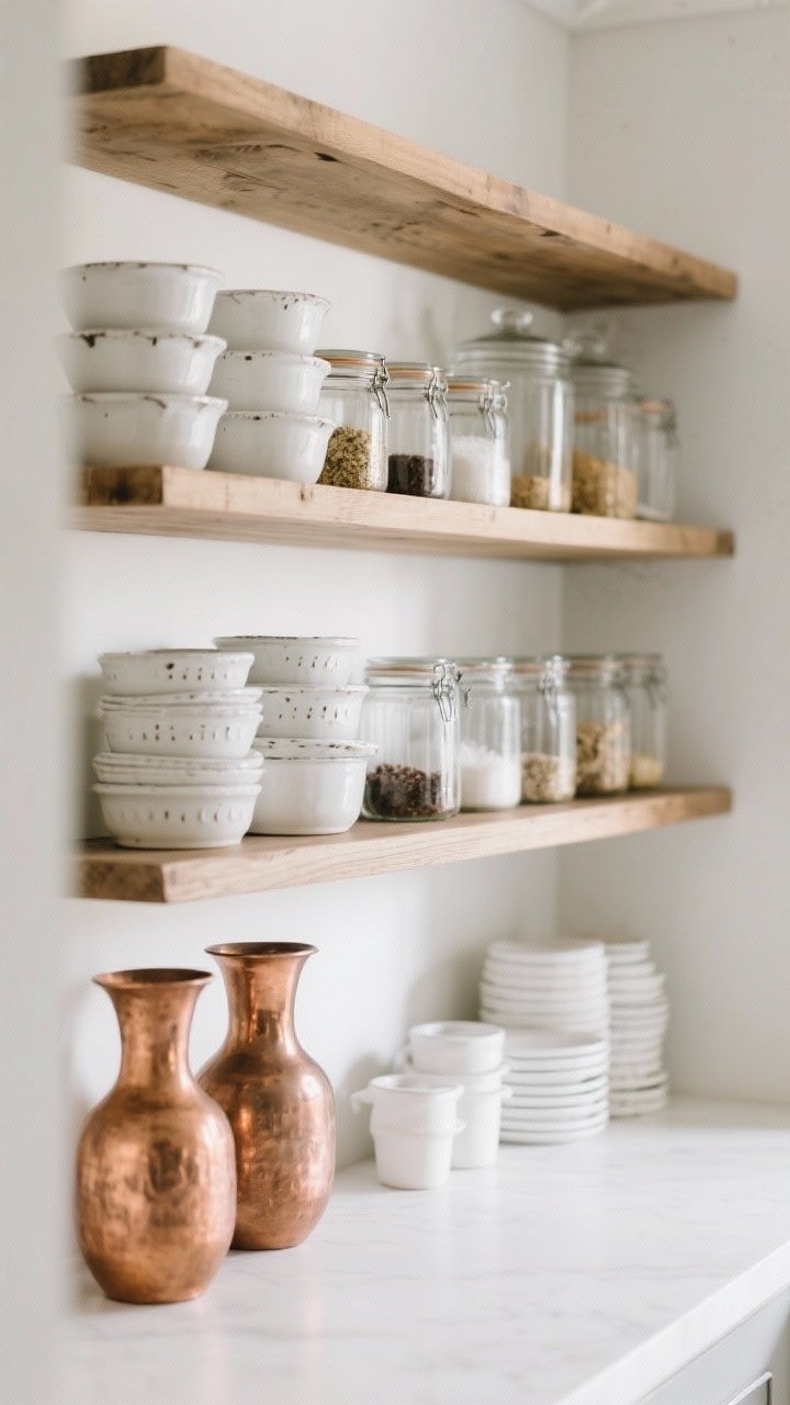 A styled open-shelf moment in a medium shot: repeated shapes and materials for harmony—stacks of white ironstone, lined-up glass jars with pantry goods, and two strategic copper pieces for accent. Color palette stays tight: white, wood, clear glass, with copper as the single accent. Breathing room between groupings; negative space prevents clutter. Straight-on composition with soft natural light, crisp edges, and mild depth of field.