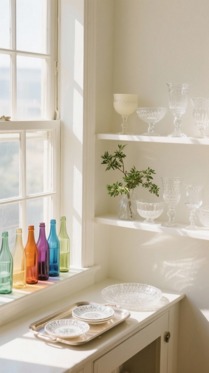 A sunlight-drenched windowsill and open shelf display of vintage glassware arranged by color. On the windowsill: an elegant gradient of colored bottles catching the light. On the shelf: milk glass pieces with a sprig of fresh greenery for contrast and a tray with pressed glass dessert plates for sparkle. Photorealistic reflections and refractions, clear color transitions, and tidy grouping. Backdrop in creamy whites; overhead angle emphasizing translucency and glow.