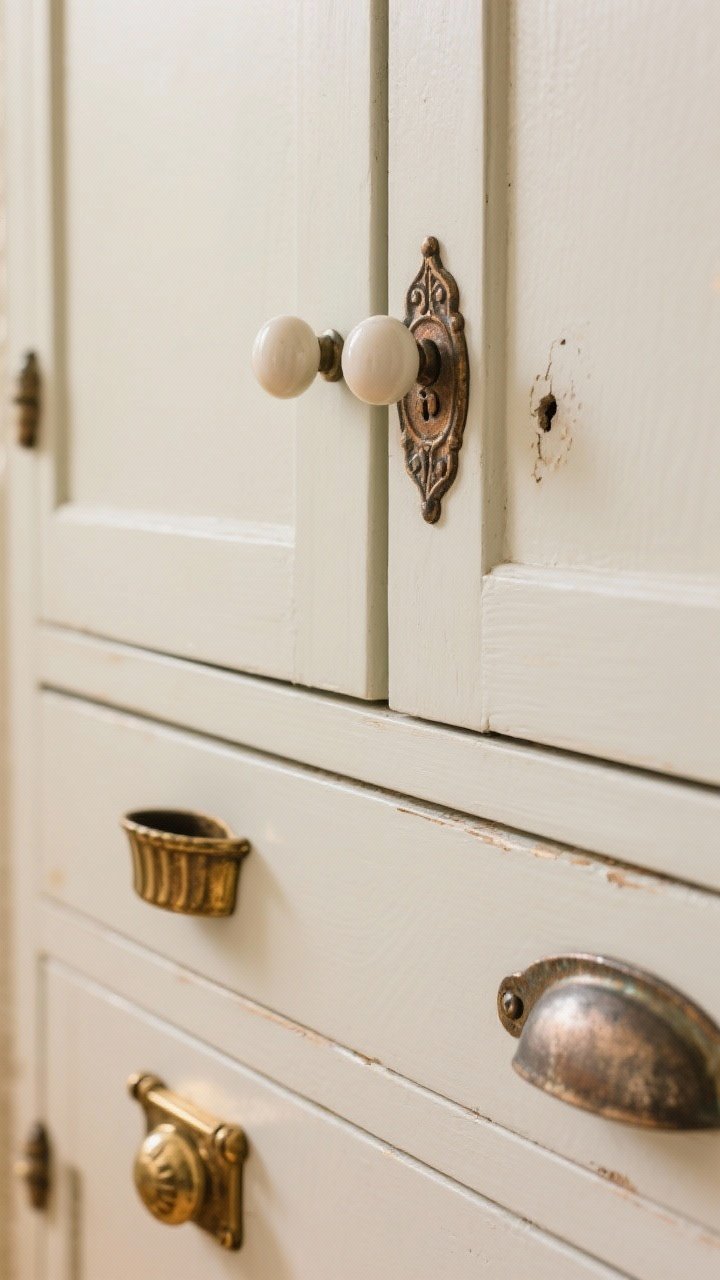 A tight, detailed closeup of vintage cabinet hardware on painted kitchen cabinetry. Drawers feature aged brass bin pulls; doors have mixed ceramic knobs in creamy white and soft muted tones. Include a warm mix of metals—brass, bronze, and pewter—without perfect matching, and a decorative backplate covering an old hole on one door. Soft, warm light (2700–3000K) glows across the metal surfaces, revealing patina and subtle wear on paint edges.