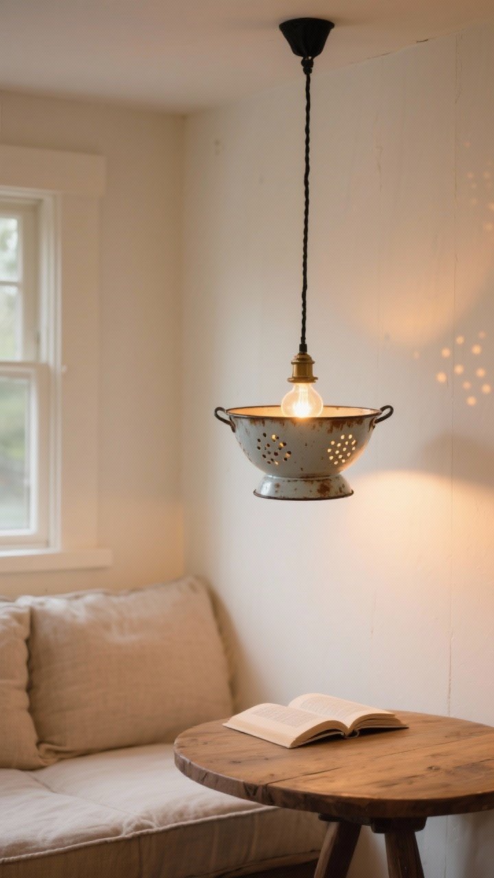 A warm, photorealistic medium shot of a cozy reading nook featuring a single vintage metal colander converted into a pendant light, hanging from a black fabric cord with a warm LED bulb and dim glow casting dotted light patterns on creamy white walls; the colander is enamel with slight rust patina, frosted bulb to soften glare, shot at eye level with soft evening lighting, farmhouse-meets-bistro mood, subtle wood side table beneath.