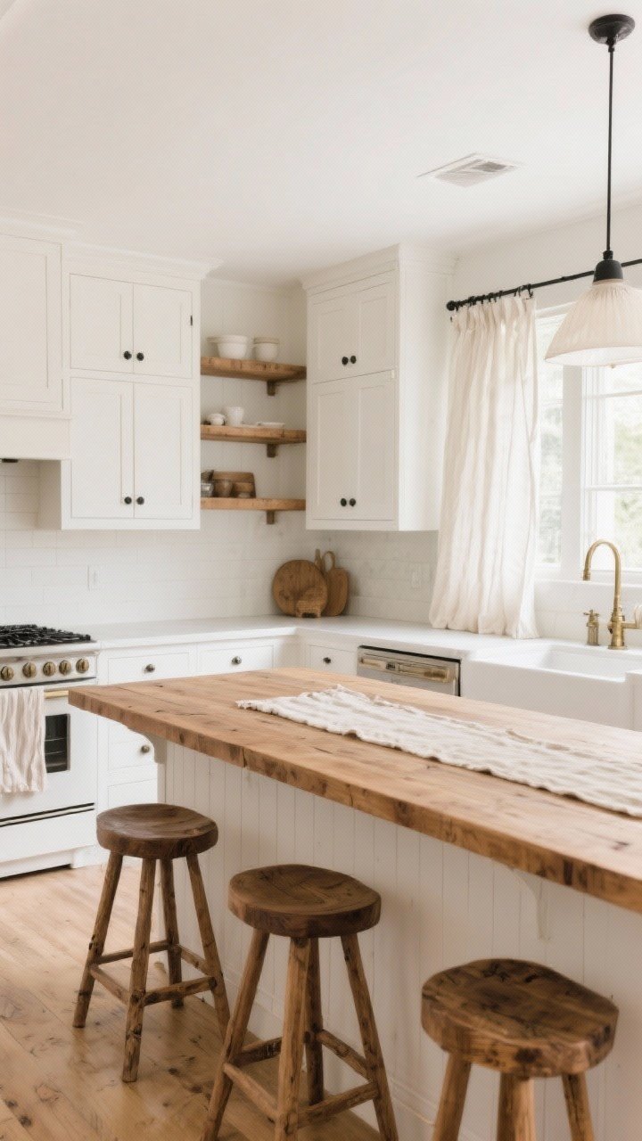 A wide, bright farmhouse kitchen with soft white walls in a creamy Alabaster/Swiss Coffee tone, matte white shaker cabinets, and a warm wood island with butcher block top; oak counter stools, pine open shelves, and aged brass or matte black hardware; a linen runner on the island and cotton cafe curtains filtering daylight; calm, timeless palette with warm wood textures and soft whites, photorealistic, straight-on view.
