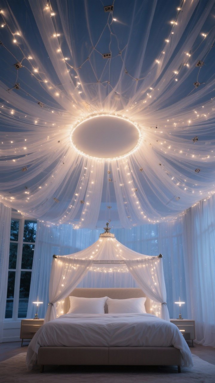 A wide overhead-ceiling-focused shot capturing a dreamy ceiling treatment: sheer panels pinned at the center in a radial drape cascading over each bed corner, with a hidden fairy light ring under the center for a halo effect; additional crisscrossed fairy lights form a gentle net above, while the canopy layers beneath let the glow peek through; micro LEDs around a small canopy crown above the headboard sparkle subtly; secure anchors visible, cool LED safety considered; immersive, magical nighttime ambiance.
