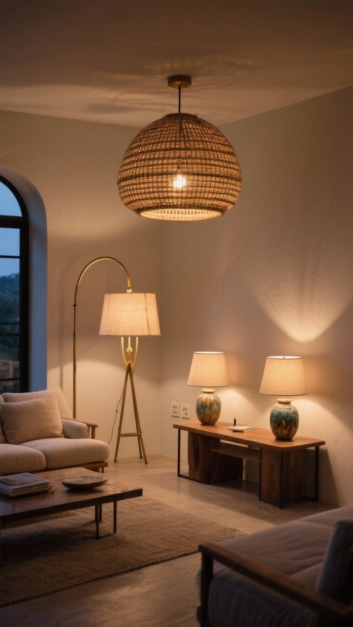 A wide room shot emphasizing statement lighting layers at dusk: a rattan dome pendant centered above the seating area, an arched brass floor lamp with a linen shade casting warm 2700K light, and two ceramic table lamps with hand-glazed bases on side tables; smart-plug ambiance—overall warm, dimmable glow; neutral walls, subtle shadows, sculptural fixtures as focal points; no harsh overhead-only lighting.