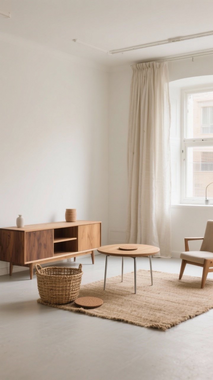 A wide room shot of a studio painted in warm off-white (ivory/greige) with nature tones: oak and walnut wood accents in furniture, a beech side table, and natural materials like a jute rug, rattan basket, cork coaster, and linen curtains; keep palette tight to 3–4 colors (oatmeal, sand, soft clay, warm wood); soft, indirect daylight with no stark whites; balanced mix of wood and a touch of metal; serene, grounded atmosphere.