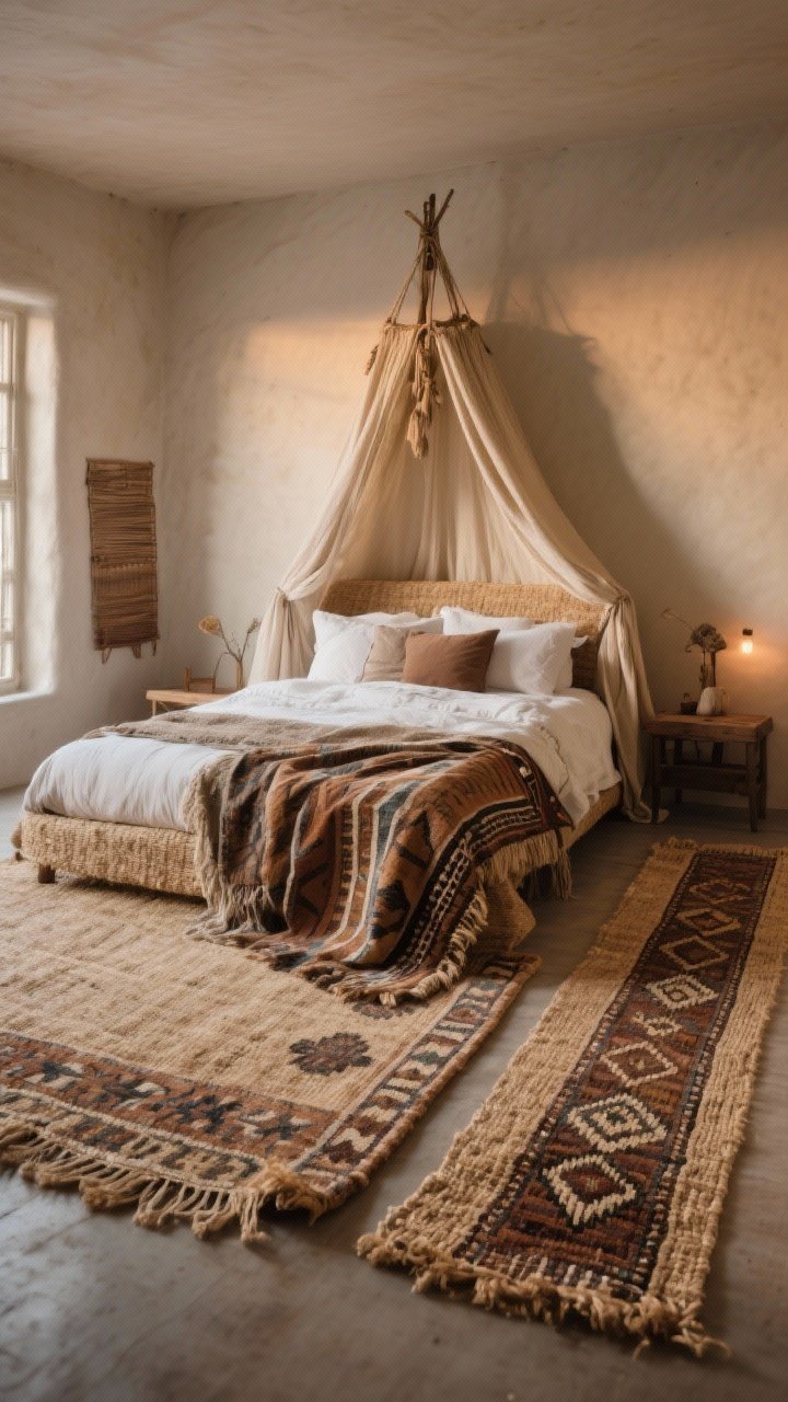 A wide room shot showcasing layered rugs grounding a boho canopy bed: a natural jute base rug spans the area with a vintage-inspired kilim layered on top, extending 18–24 inches beyond the bed for plush footing; earthy tones complement the soft canopy and bedding; optional alternative setup shows wide runners on each side in a smaller-space layout; soft evening glow, photorealistic textures of jute and woven pattern.