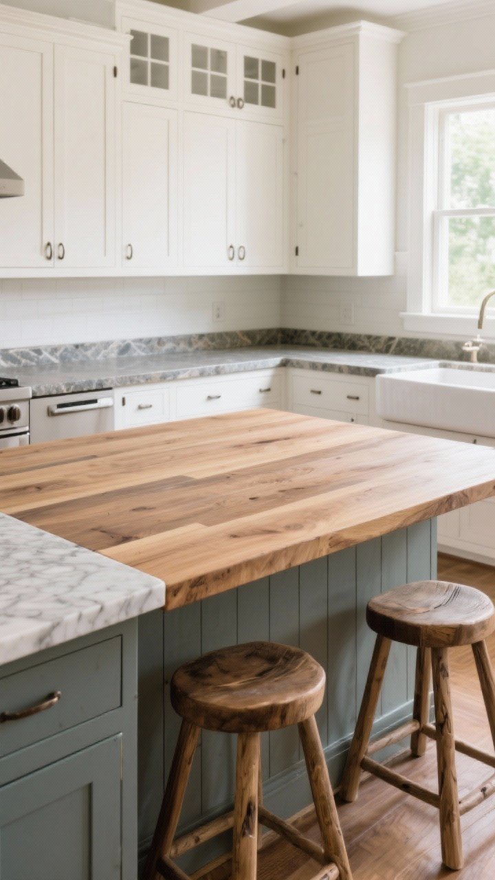 A wide shot of a mixed-material countertop scheme: butcher block island top oiled to a matte finish, perimeter counters in honed soapstone and honed marble-look quartz; eased/bullnose edges for an unfussy profile; warm white cabinetry and natural wood stools reinforcing the rustic farmhouse feel; balanced composition showing both materials in one frame, bright natural daylight, straight-on angle.