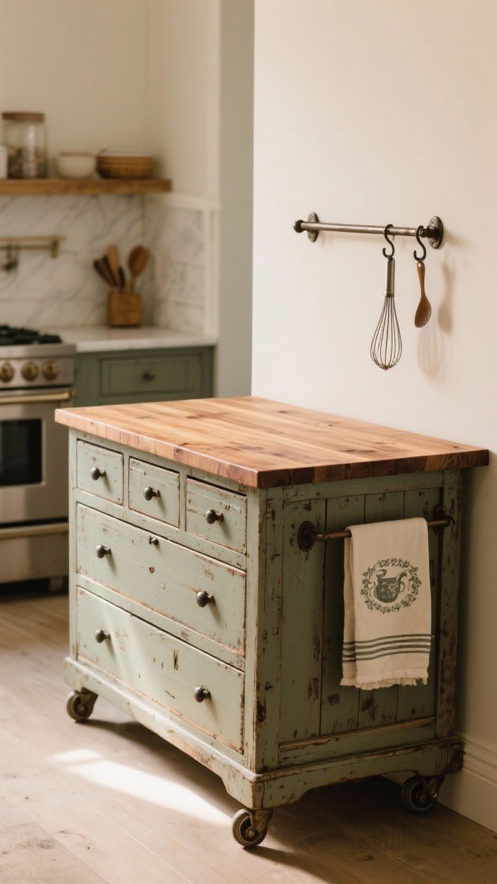 A wide shot of a repurposed antique dresser turned kitchen island. The sturdy dresser features deep drawers for linens and tools, mounted on discreet casters, topped with a thick butcher-block slab sealed with a food-safe oil sheen. One side hosts a towel bar and a couple of hooks holding a vintage tea towel and a whisk. Surrounding space shows a functional kitchen backdrop; angle from the corner to highlight mobility and character. Warm, even daylight.