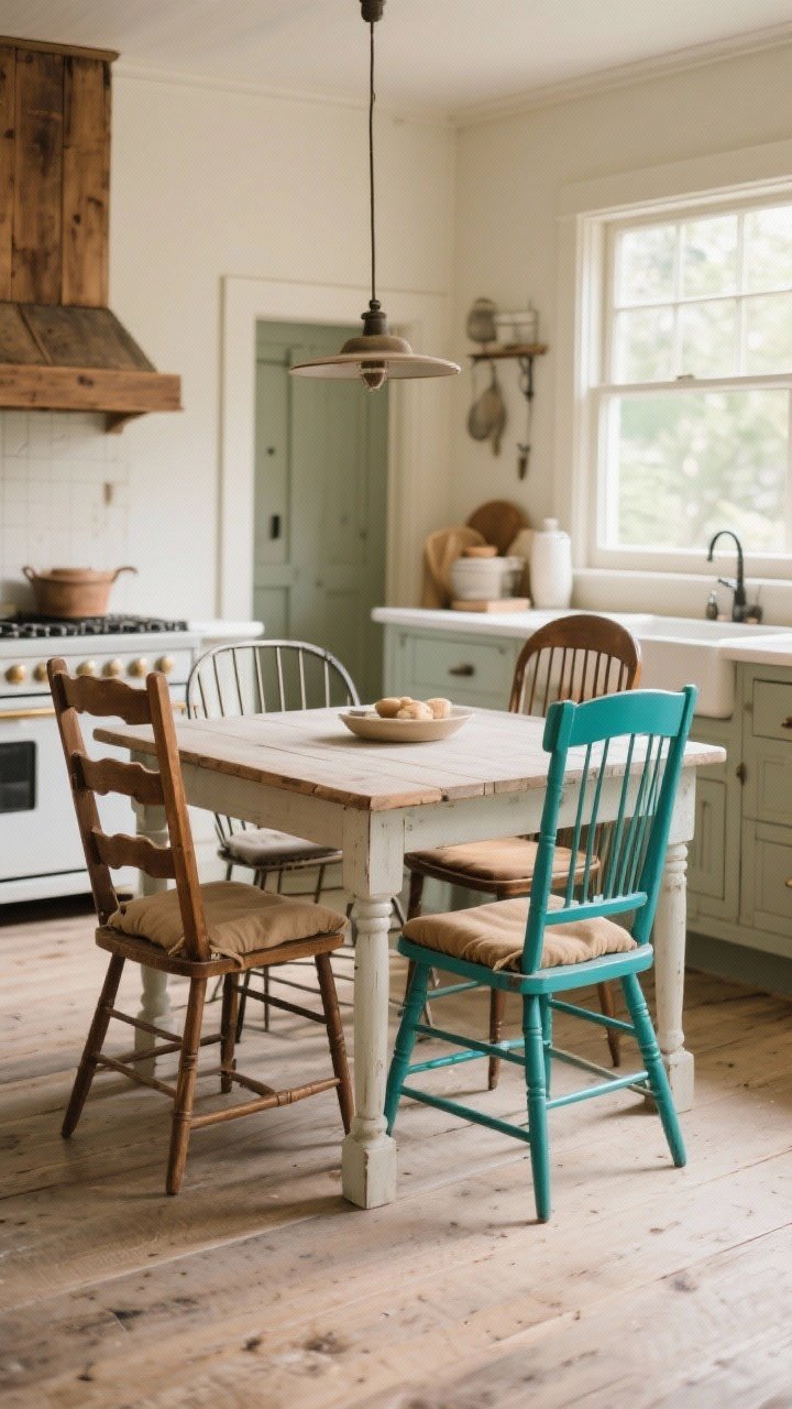 A wide shot of a vintage-leaning eat-in kitchen showcasing mismatched dining chairs around a simple farmhouse table. Mix wood finishes and silhouettes (ladder-back and spindle styles) with two chairs painted in a bold accent color tying the set together. Unifying elements: consistent seat height and shared cushion color in warm neutral linen. Subtle rub-n-buff sheen on any metal details and lightly refreshed wood stain. Soft morning light from a side window; straight-on perspective to emphasize the collected-over-time feel.