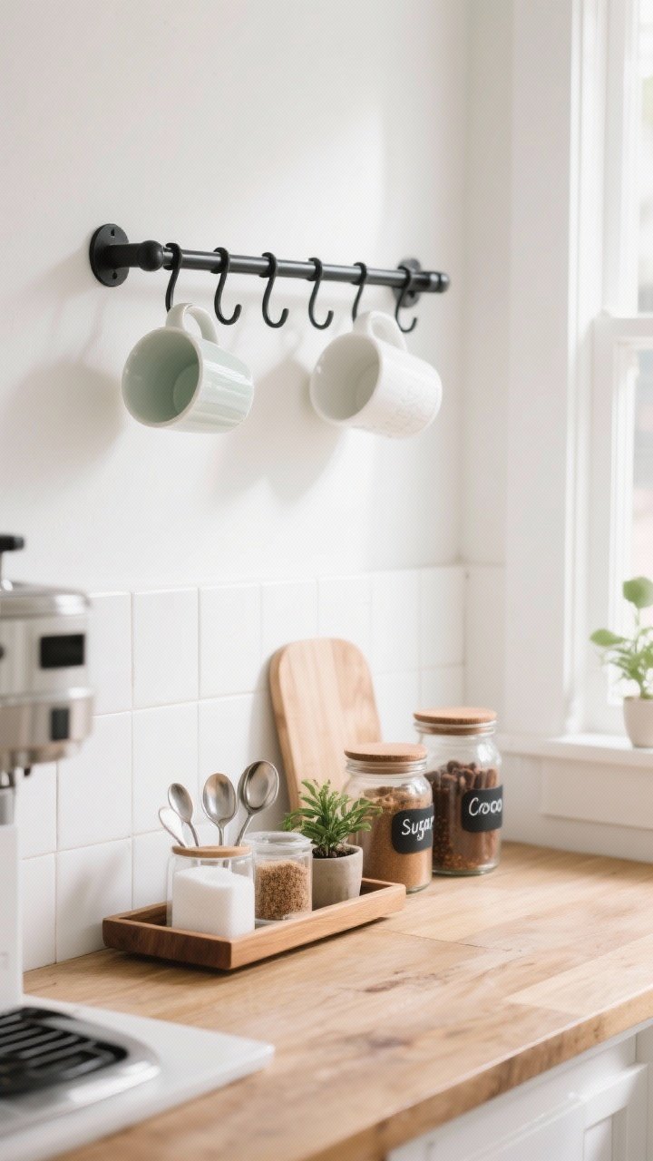 A wide, straight-on shot of a styled coffee station: a black metal peg rail holding mismatched white mugs with one muted accent color; a wooden tray below corrals sugar, spoons, and a tiny plant; repurposed spice jars labeled sugar, cinnamon, and cocoa sit neatly; tight color story of white, warm wood, and a single accent hue; bright morning light for a fresh, café-like feel.