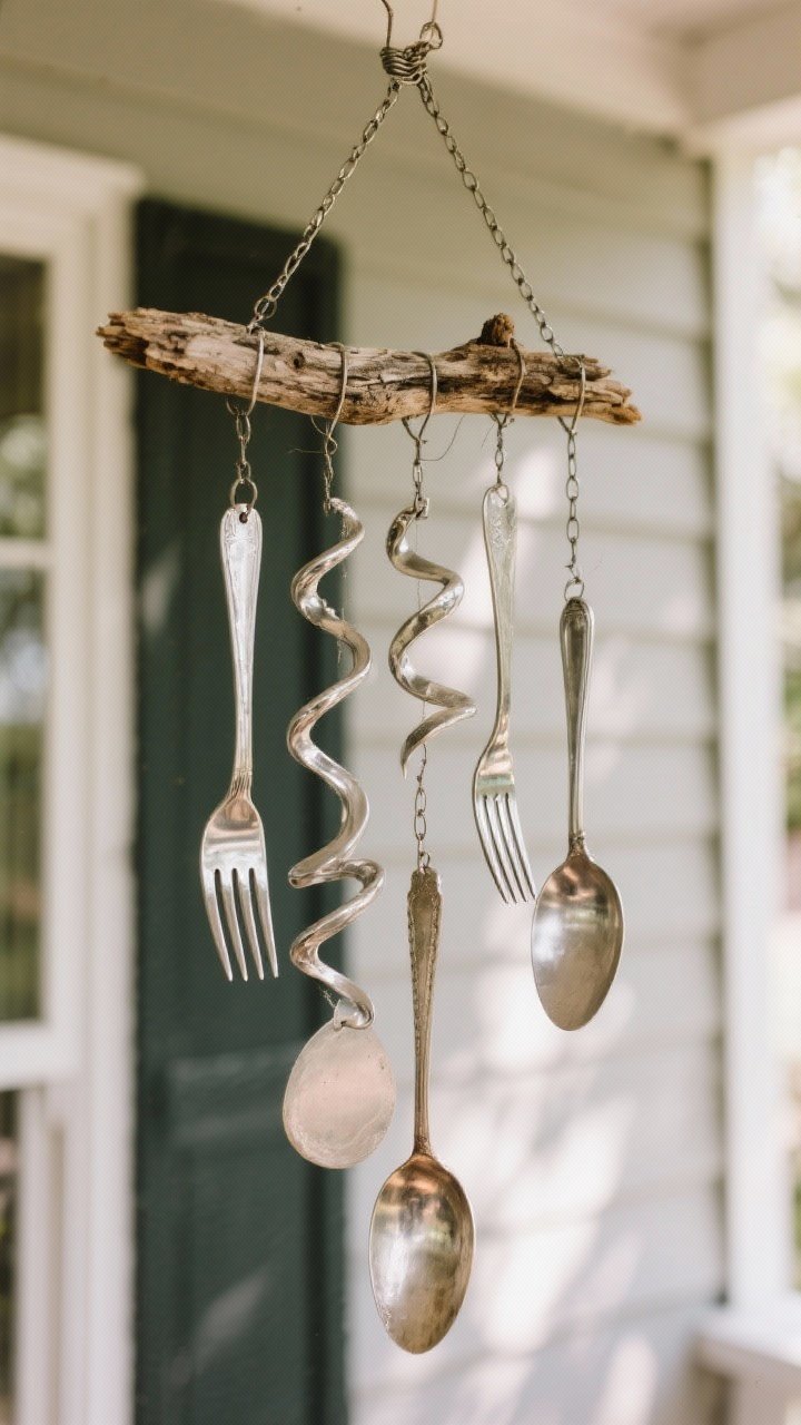 An outdoor porch detail shot of whimsical silverware wind chimes: mismatched forks and spoons polished and hung from a piece of driftwood with thin chain and fishing line; a few fork tines bent into elegant swirl shapes; gentle breeze implied with slight motion blur; soft, dappled afternoon light against a neutral siding background; playful yet soothing mood.
