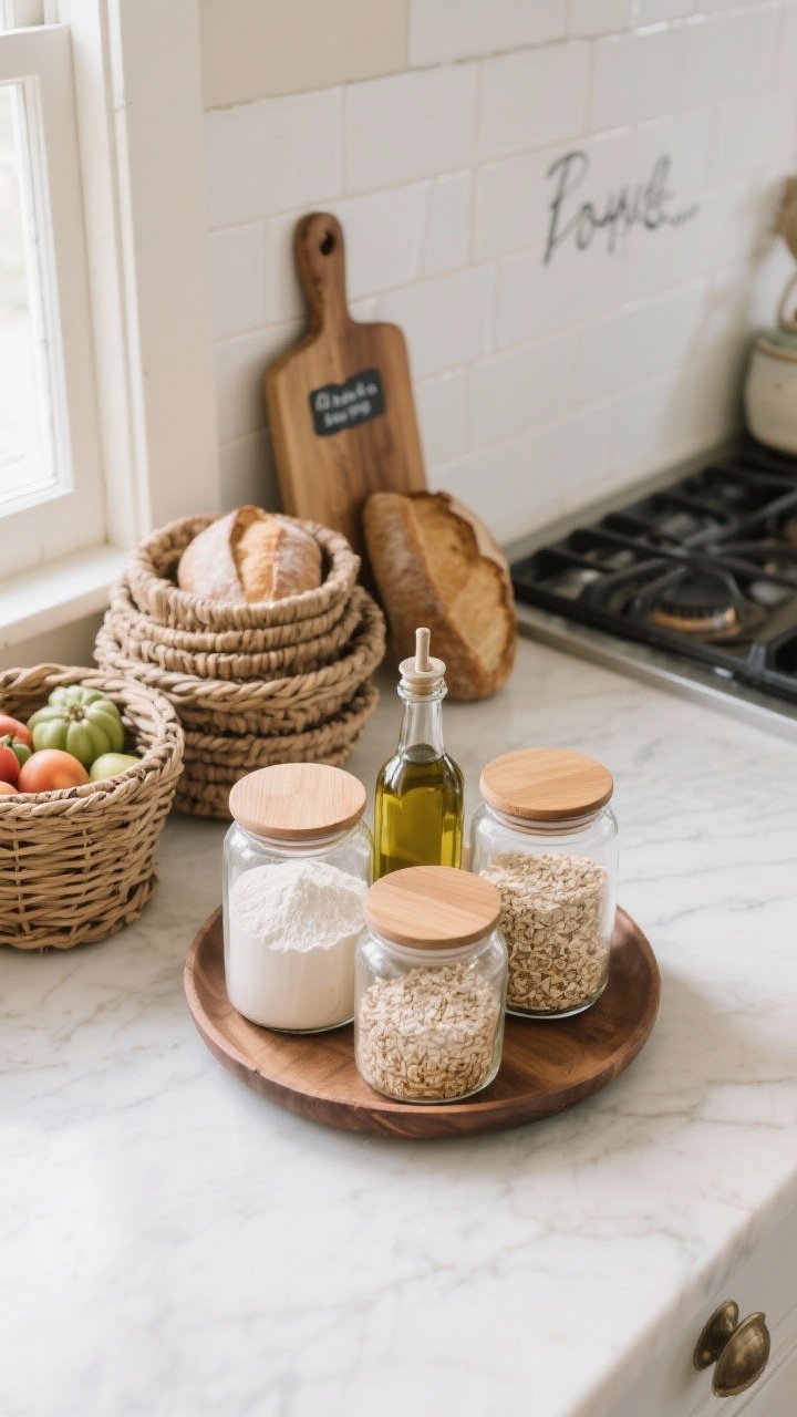An overhead detail of a styled farmhouse counter: clear glass canisters with wooden lids holding flour and oats, oils and vinegar corralled on a small wooden tray or lazy Susan near the stove, stacked woven baskets with produce, a vintage breadboard leaning against a soft white backsplash; handwritten minimalist labels; wood, ceramic, and glass elements creating cohesive useful beauty; natural window light.