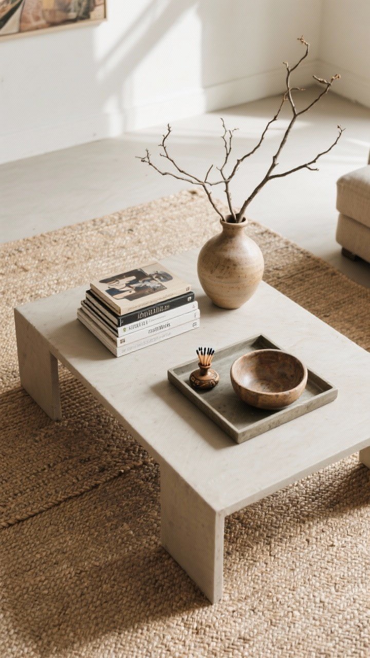 An overhead detail shot of a rectangular coffee table styled using the three-point formula on a jute rug: two balanced clusters—Cluster A with a stacked set of art books acting as an anchor and a hand-thrown ceramic vase with airy branches for height; Cluster B featuring a low tray with a handmade bowl, a quirky match striker, and a small vintage object; negative space left for practical use; soft morning light and subtle shadows for depth.