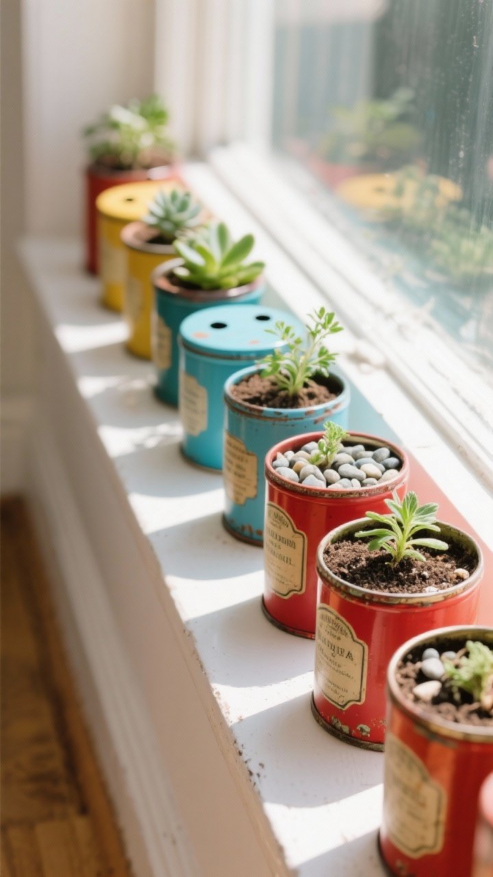 An overhead detail shot of colorful vintage tea tins repurposed as mini planters, grouped by color family to form a gradient from cool blues to warm reds; each tin has subtle wear and printed labels, tiny drainage holes, a layer of pebbles visible beneath fresh potting soil, with small herbs and succulents; arranged neatly along a sunlit windowsill with soft reflections on the glass.