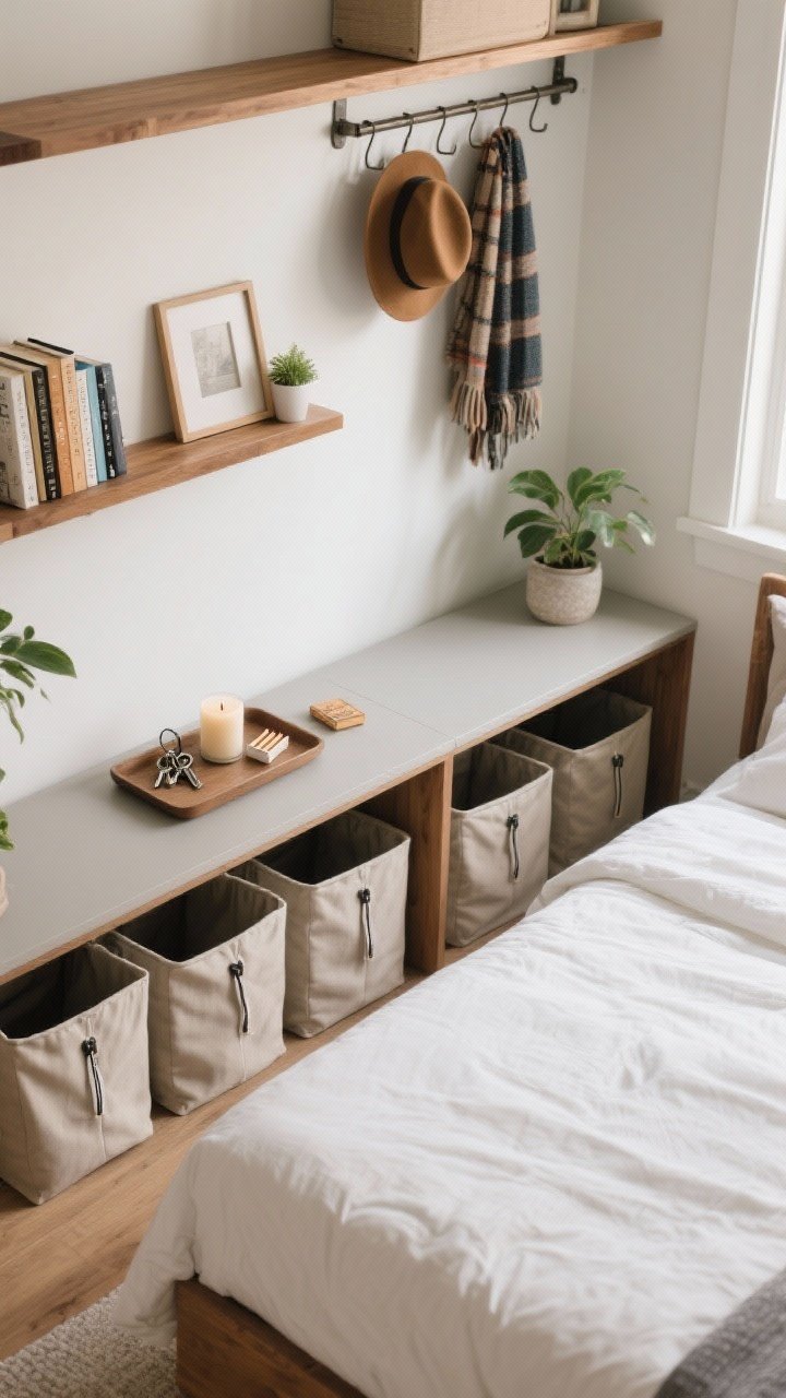 An overhead detail shot of intentional storage styling: fabric zip under-bed bins partially pulled out beneath a neatly made bed; an over-door rack in wood-and-metal holding hats and scarves visible at the edge; a floating shelf vignette with spaced books, a small frame, and a plant, leaving breathing room; a tray on a console corrals keys, a candle, and a matchbook for a curated look; neutral tones, warm wood, and matte finishes; bright natural light for a tidy, organized mood.