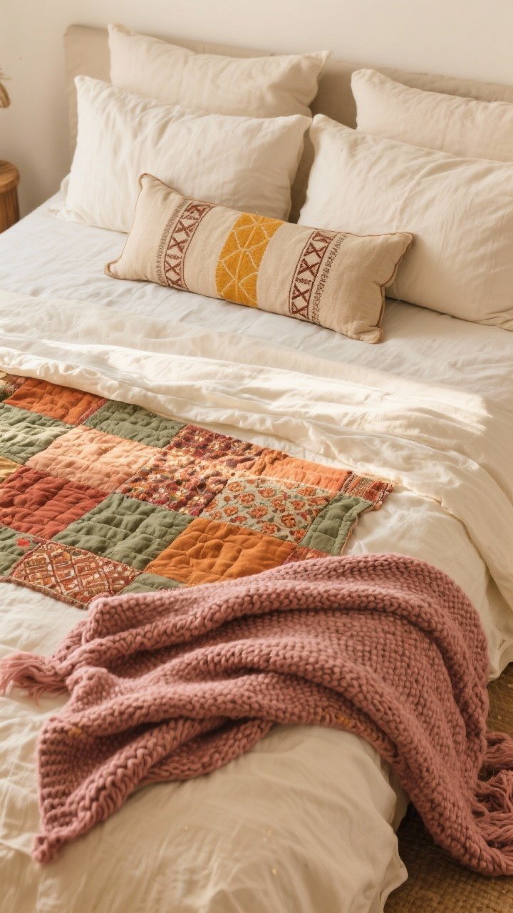 An overhead detail shot of layered bedding that looks cloud-soft: neutral linen sheets in cream at the base, a lightweight kantha quilt with earthy rusts, olive, and terracotta pattern at the middle, and a chunky knit throw in dusty rose casually tossed at the foot; pillow stack includes two euro shams, two standard pillows, and a long lumbar with natural fabrics and block prints; tonally cohesive with a pop of saffron; soft morning light.