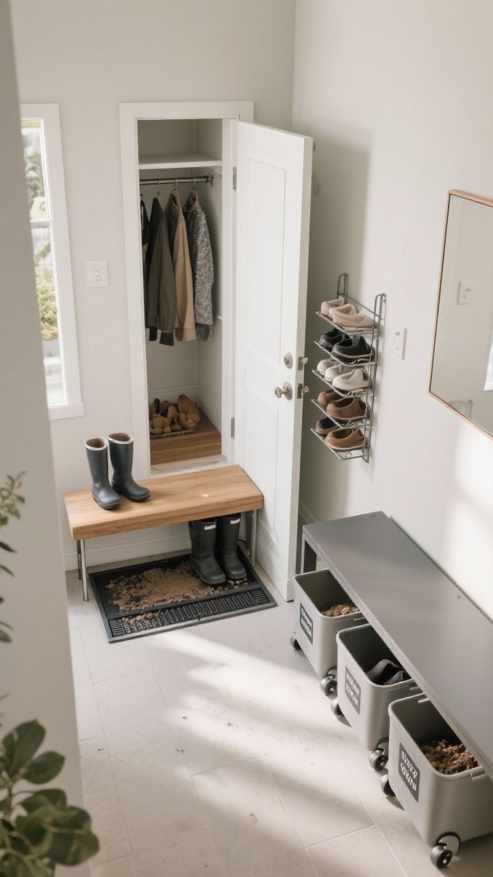 An overhead view of stealth storage solutions in a narrow entry: a boot tray tucked under a bench catching dirt, an over-the-door shoe rack inside a coat closet partially visible, and low-profile rolling bins under a slim console; labeled bins suggesting seasonal rotation; clean floor lines and discreet organization; neutral tones with functional materials like rubber and metal; bright, practical daylight, photorealistic.
