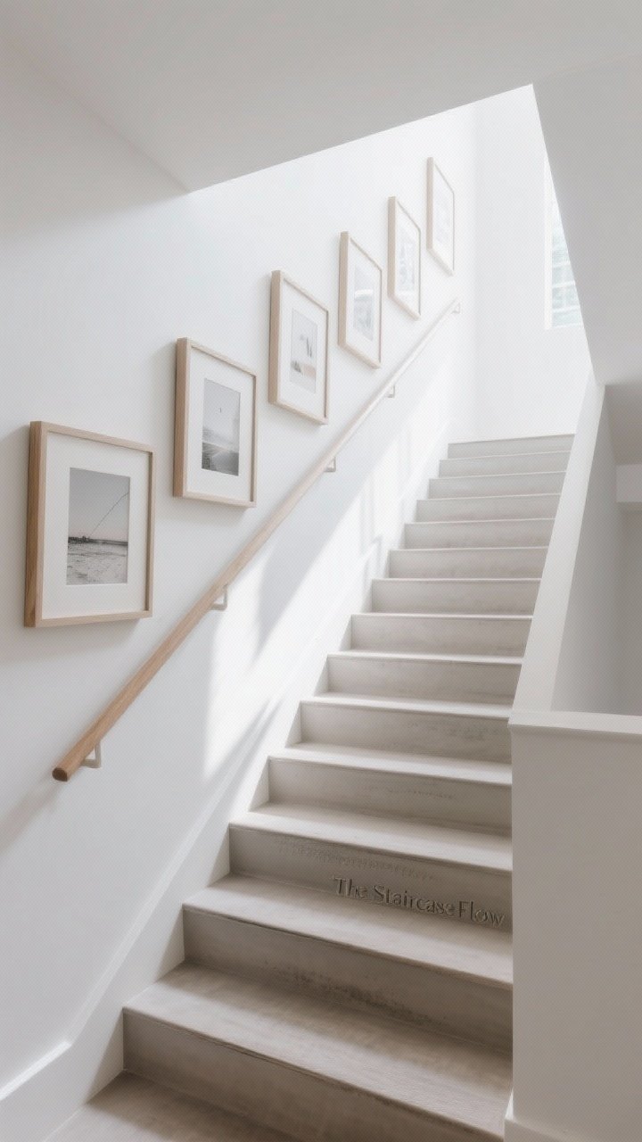 Angled staircase view of “The Staircase Flow”: frames aligned along an invisible diagonal parallel to the stair slope; bottoms centered to a baseline at handrail height; thin, light-toned frames (white/oak) with airy imagery; consistent spacing despite the angle; bright stairwell daylight, crisp shadows on a white wall, visually light and orderly.