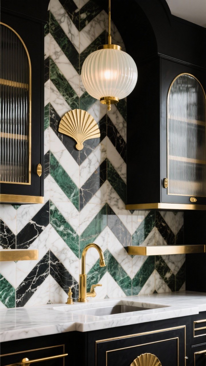 Art Deco glam kitchen, detail closeup: geometric marble backsplash with fan motifs and chevrons, palette of black, ivory, emerald, and brass, ribbed/opalescent glass globe pendant casting a luxe glow, brass edge trim on open shelves, fluted glass cabinet door shimmer, high-contrast dramatic lighting emphasizing stepped shapes, photorealistic.