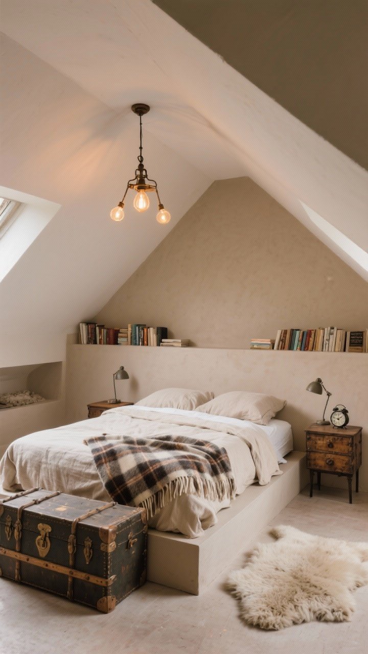 Attic bedroom wide shot emphasizing sloped ceilings: walls in mushroom beige; low platform bed with relaxed linen duvet and a plaid wool throw; antique trunks used as nightstands with small task lamps and an old-school alarm clock; low book ledge along the wall, a casually placed sheepskin on the floor; vintage ceiling fixture with warm bulbs; snug, quiet retreat.