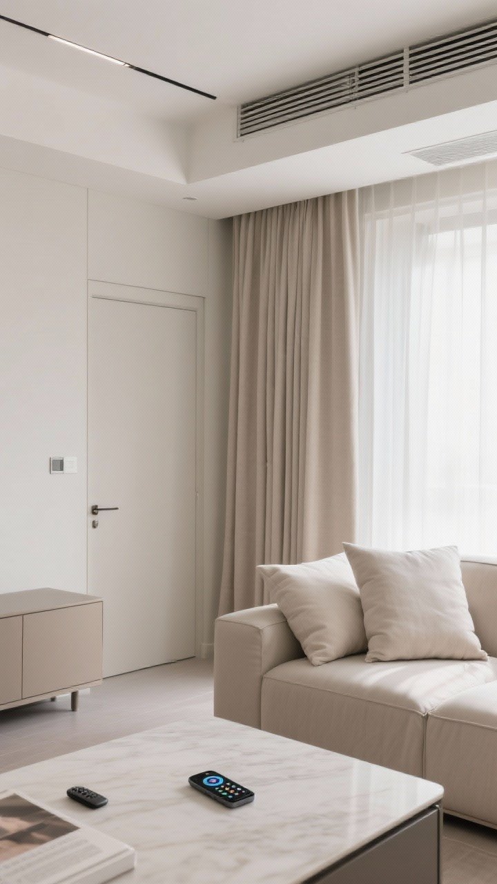 Bonus mini-tweaks detail shot: ceiling-mounted sleek drapery track with unlined linen curtains, matching plush pillow inserts on a sofa creating consistent, clean shapes, and a closed console door hinting at hidden remotes; a smartphone on the table showing a universal remote app; soft natural light, polished yet minimal feel.